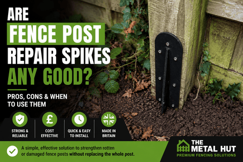 Black fence post repair spike installed on a rotten timber fence post showing how a repair spike can strengthen and support a damaged fence without replacing the whole post.