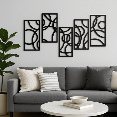 5 circular panels metal wall art UK with modern cut design