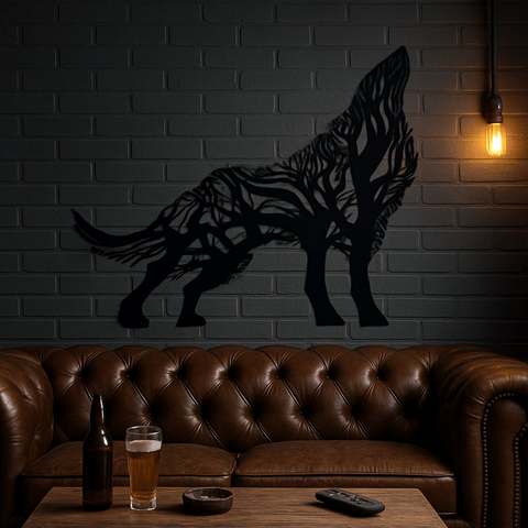 Wolf tree metal wall art UK displayed in modern home