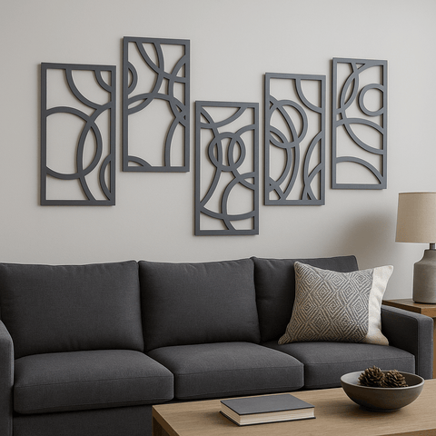 5 circular panels metal wall art UK displayed in modern home