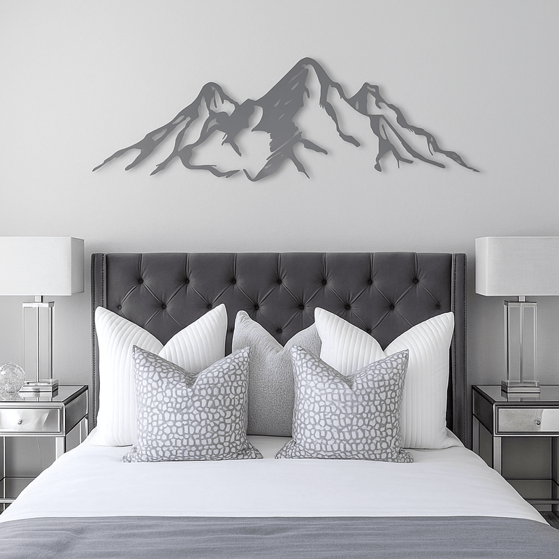 Mountain scape metal wall art UK mounted on garden wall