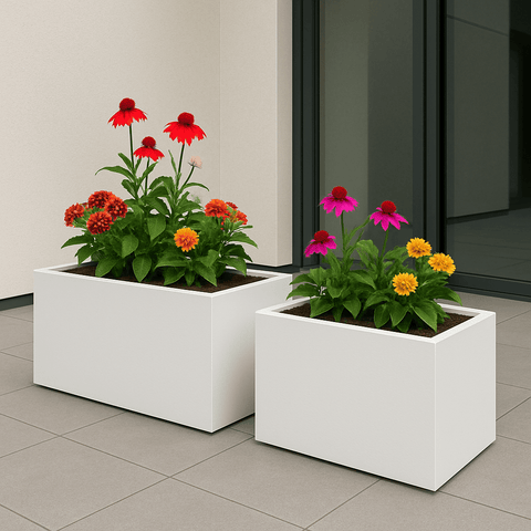 Powder coated aluminium trough planter in modern outdoor space