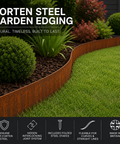 Corten steel garden edging installed around a lawn and planting bed creating a modern weathered steel garden border.