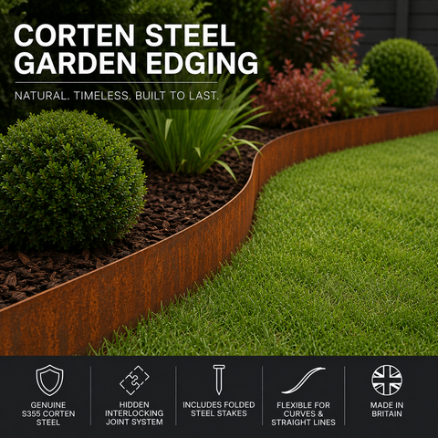 Corten steel garden edging installed around a lawn and planting bed creating a modern weathered steel garden border.