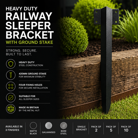Heavy duty railway sleeper bracket with 420mm ground stake for securing timber railway sleepers in raised beds, garden borders, retaining walls and landscaping projects