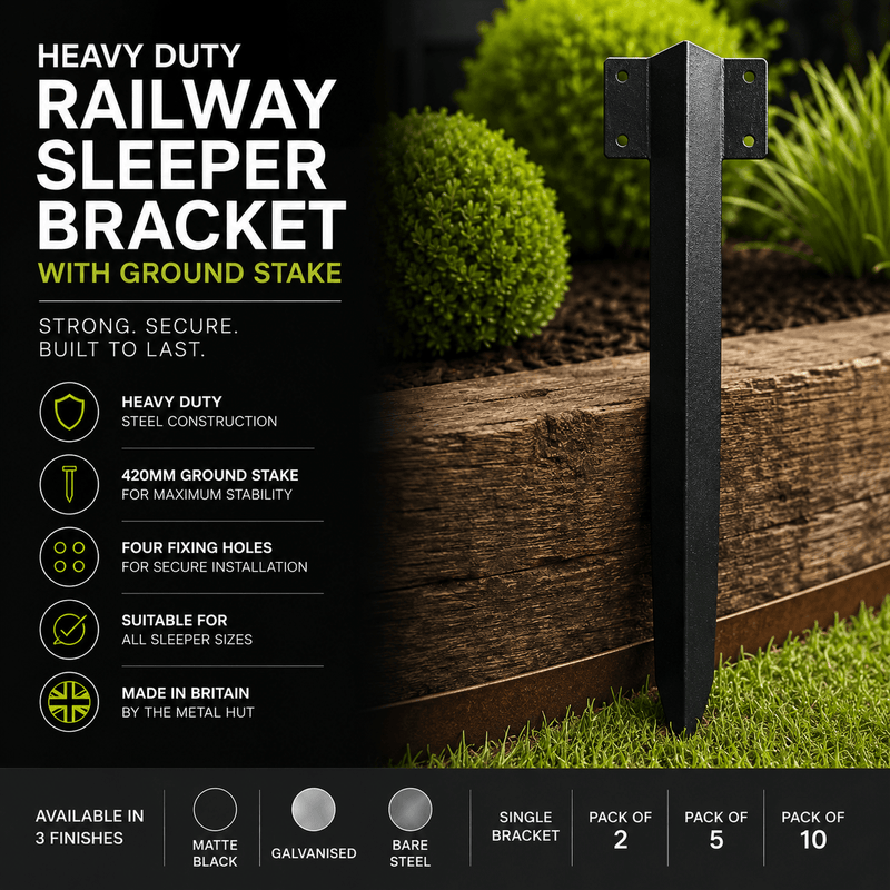Heavy duty railway sleeper bracket with 420mm ground stake for securing timber railway sleepers in raised beds, garden borders, retaining walls and landscaping projects