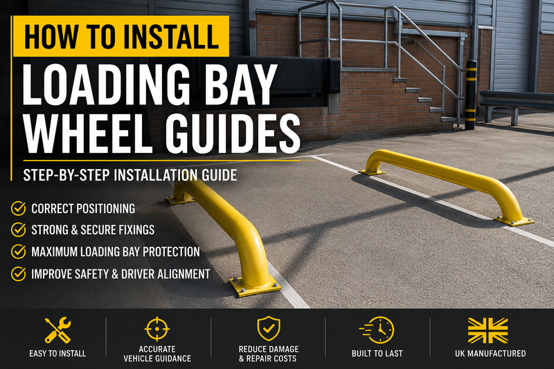 Loading bay wheel guides installed at a warehouse loading bay demonstrating correct positioning and installation. Guide showing how to install wheel guides to improve HGV alignment, protect loading dock equipment and reduce vehicle impact damage.
