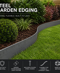Steel garden edging installed around a lawn and flower bed creating a clean professional garden border in a UK garden.