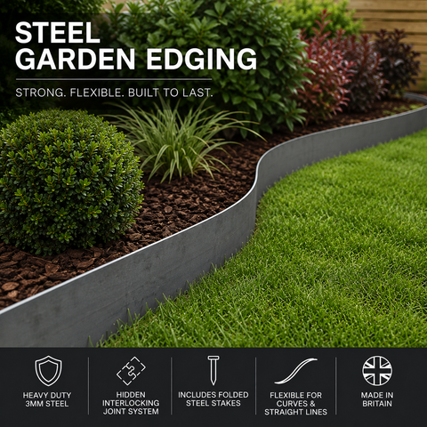 Steel garden edging installed around a lawn and flower bed creating a clean professional garden border in a UK garden.