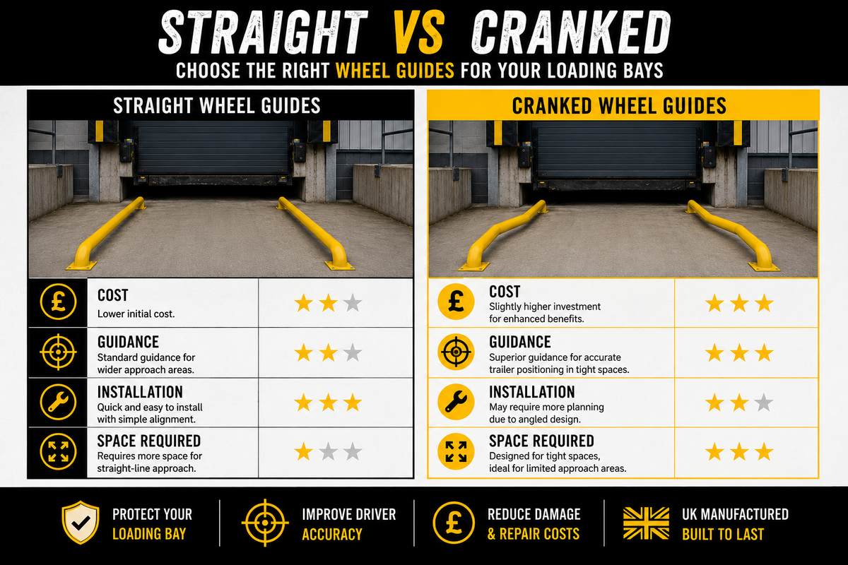Comparison chart showing straight wheel guides versus cranked wheel guides for loading bays, comparing cost, vehicle guidance, installation requirements and space required for HGV trailer alignment.