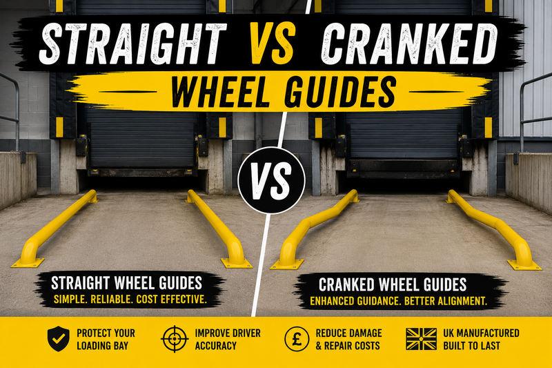 Comparison of straight wheel guides and cranked wheel guides installed at warehouse loading bays showing the differences in vehicle guidance and loading dock alignment.